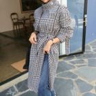 Stand-collar Gingham Trench Coat