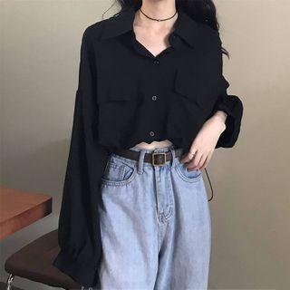 Plain Long-sleeve Crop Shirt Black - One Size