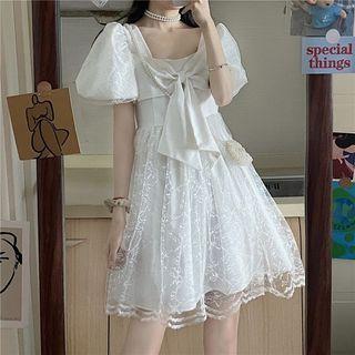 Puff-sleeve Bow Accent Lace Panel A-line Dress