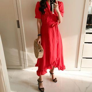 Wrap-front Frilled-trim Linen Dress