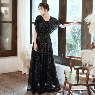 Bell Sleeve Sequined A-line Evening Gown