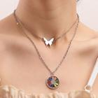 Layered Butterfly Flower Pendant Necklace 1pc - Silver - One Size