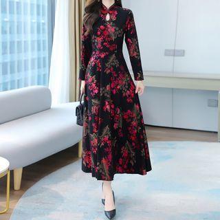 Long-sleeve Floral Print Mandarin-collar Midi Dress