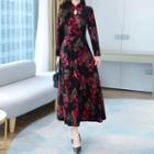 Long-sleeve Floral Print Mandarin-collar Midi Dress