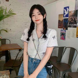 Short-sleeve V-neck Bow Blouse