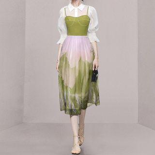 Set: Puff-sleeve Sheer Shirt + Printed Midi Overall Dress