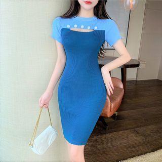 Short-sleeve Color Block Cut-out Slim-fit Dress