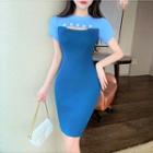 Short-sleeve Color Block Cut-out Slim-fit Dress