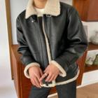 Long-sleeve High-neck Faux Leather Fleece Trim Jacket