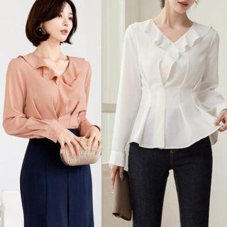 Pintuck Ruffle-trim Peplum Blouse