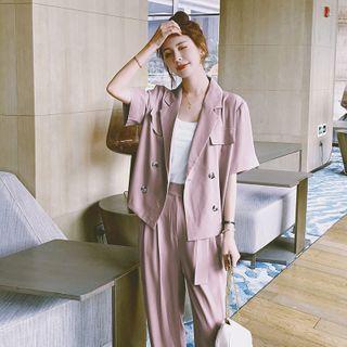 Set: Short-sleeve Double-breasted Blazer + Wide-leg Dress Pants