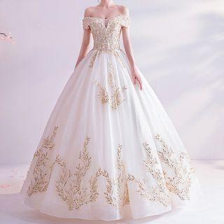 Embroidered Rhinestone Off-shoulder Wedding Ball Gown