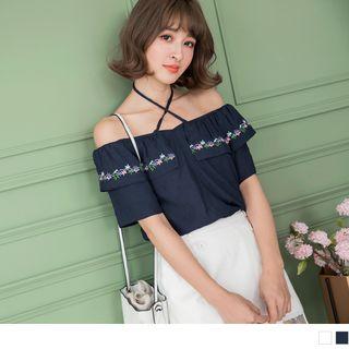Floral Embroidered Ruffle Lace-up Top