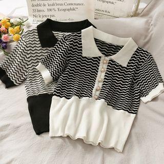 Colorblock Wave-print Knit Polo Top