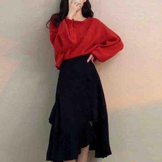 Set: Balloon-sleeve Sweater + Ruffle Hem Midi Skirt
