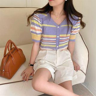 Short-sleeve Striped Cardigan Purple - One Size