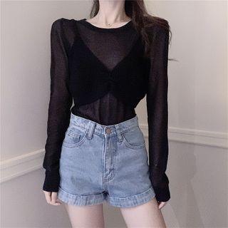 Set: Plain Long-sleeve Top + Knit Camisole Top