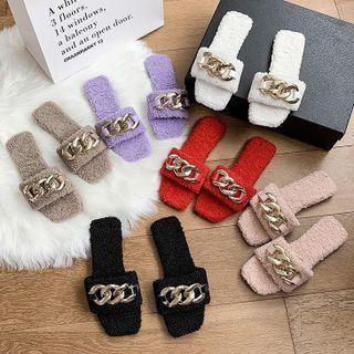 Chain Detail Faux Shearling Slide Sandals