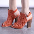 Perforated Faux Leather Chunky Heel Sandals