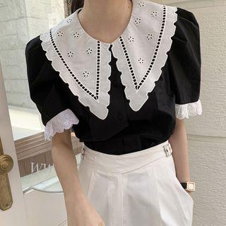 Short-sleeve Lace Trim Perforated Blouse