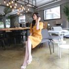 Elbow-sleeve Slit-back Linen Dress