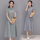 Short-sleeve Tie Waist A-line Midi Dress