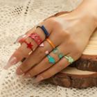Set Of 8: Alloy Ring (various Designs) Set Of 8 - Orange & Red & Pink - One Size