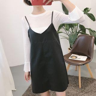 Set: Plain Bell-sleeve T-shirt + Faux-leather Loose-fit Slipdress