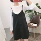 Set: Plain Bell-sleeve T-shirt + Faux-leather Loose-fit Slipdress