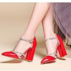 Patent T-strap Pointy-toe Chunky-heel Pumps