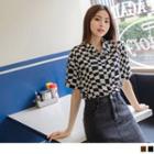 Elbow Sleeve Checkerboard Button-up Shirt