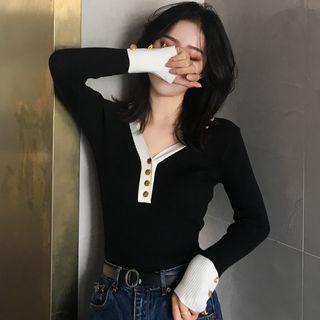 Contrast-trim Half-placket Knit Top