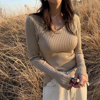 V-neck Fitted Rib Knit Top Beige - One Size