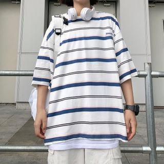 Wide Stripe Short-sleeve Round Neck T-shirt