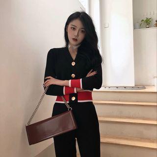 V-neck Color Block Cardigan / Plain Straight-cut Pants