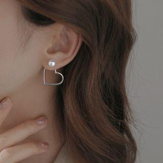 Faux Pearl Heart Stud Earring 1 Pair - Silver & White - One Size