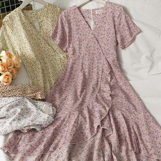 Floral Ruffled-trim Midi Dress In 8 Colors