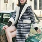 Furry-trim Buttoned Houndstooth Coat