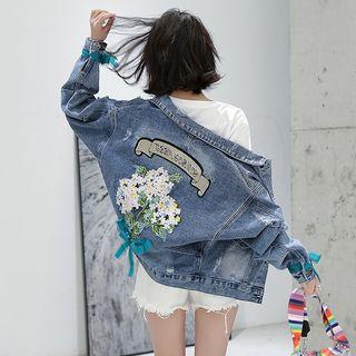 Ribbon Cuff Embroidered Distressed Denim Button Jacket
