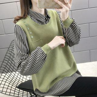 Mock Two-piece Long-sleeve Knit Panel Shirt