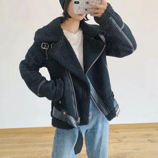 Fleece Collar Aviator Jacket With Waist Belt
