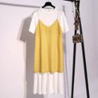 Set: Short-sleeve Dress + Polka Dot Camisole Top