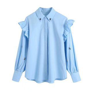 Plain Ruffle Trim Long Sleeve Shirt