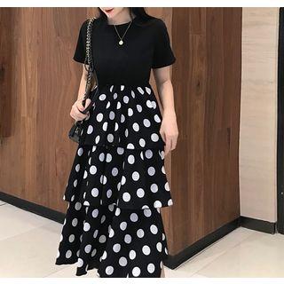 Short-sleeve Dotted Midi Tiered Dress