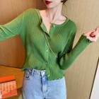 Round-neck Plain Striped Button-up Cardigan