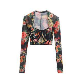 Long-sleeve Square-neck Flower Print Mesh Top Black - One Size