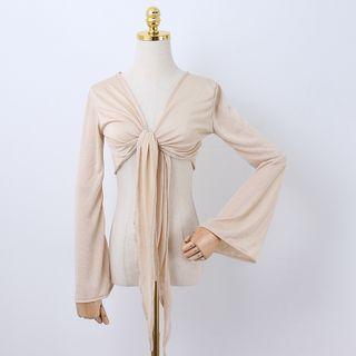 Long-sleeve Tied Crop Top Almond - One Size