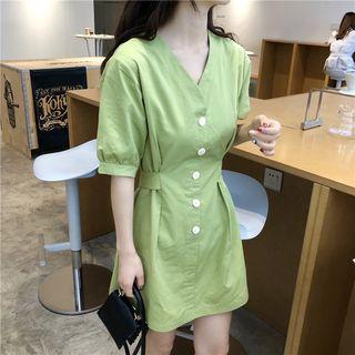 Button Front V-neck Mini Dress