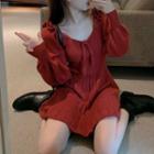 Ruffle Trim Knit Mini A-line Dress Red - One Size