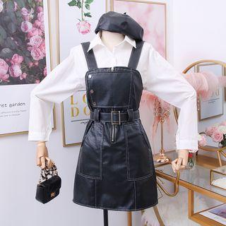 Set: Long-sleeve Shirt + Faux-leather Sleeveless Dress With Belt